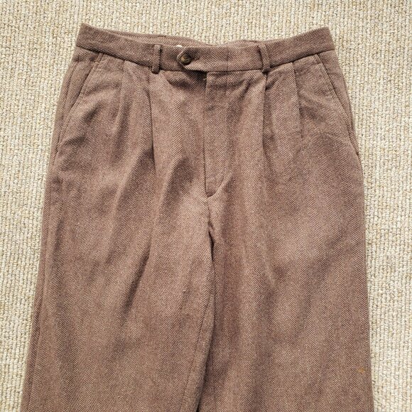 Vintage Eddie Bauer 100% Wool Herringbone Pants Trousers Brown 34x28 Suspenders - Picture 4 of 10